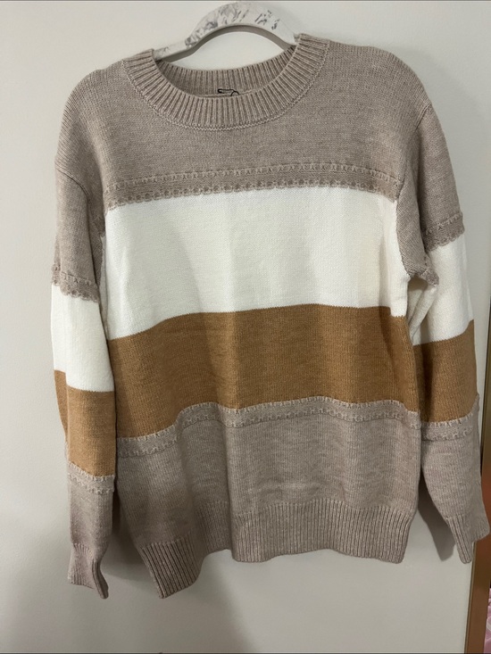 darling belle shop Sweaters - Casual Colorblock Crewneck Sweater - Taupe, White & Brown